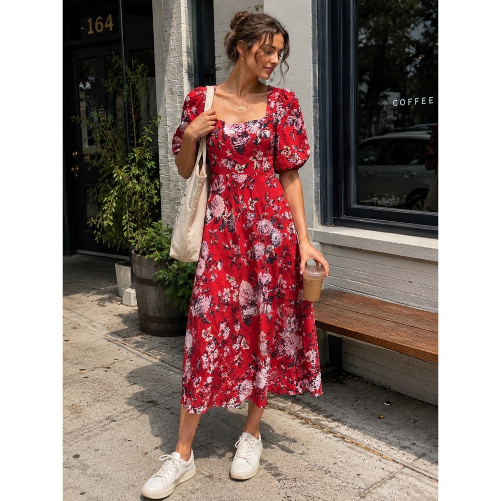 Maeve Anthropologie Red‎ Floral Puff Sleeve Square Neck Midi Dress 00P Petite